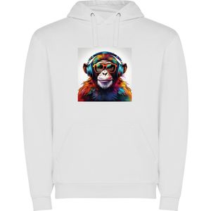 Witte unisex hoodie met “ Kleurrijke Chimpansee met Bril en Koptelefoon“ Print Full merk Roly maat M