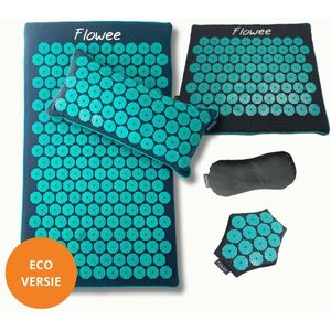 Flowee Relaxset PRO - Spijkermat ECO, spijkerkussen, spijkermat klein & - massagehand + Oogkussen - Grijs met zeegroen - Vulling Kokosvezels & Boekweitkaf & Lavendel (77x45+22x44cm) - Acupressuur Mat - Spijkerbed - Shakti Massage - Vijf jaar Garantie