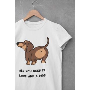 Shirt - All you need is love and a dog - Wurban Wear | Grappig shirt | Leuk cadeau | Unisex tshirt | Honden | Puppy | Hondenmand | Bench | Hondenvoer | Wit