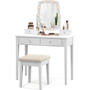 COSTWAY Make-up tafel met 360 graden draaibare verlichte spiegel, kaptafel en krukje met 4 opberglades, 10 dimbare LED lampen, kussen, kaptafel set voor kleedkamer, slaapkamer