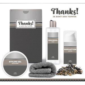 Geschenkset ""Thanks! Je bent een topper"" - 4 Producten - 600 Gram | Giftset voor hem - Luxe cadeaubox man - Bodylotion - Douchegel - Styling gel - Vader - Wellness - Pakket - Cadeau set - Bedankt - Thank You - Broer - Vriend - Collega - Zilver
