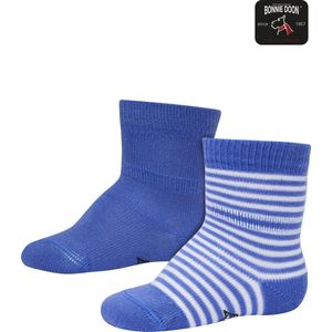 Bonnie Doon Sokken Set Gestreept en Effen voor Baby's Blauw/Wit 0-4 mnd - Organisch Katoen - 2 paar - GOTS gecertificeerd - Stay-on-socks - Unisex - Jongens - Meisjes - Zakt niet Af - 2-pack Multipack - Victoria Blue - OL0441012.386