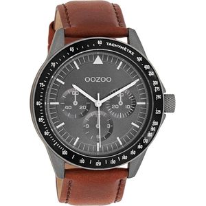 OOZOO Timepieces - Donker grijze horloge met bruine leren band - C11112