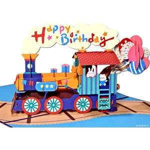 Popcards popupkaarten – Kinderkaart Kindertrein Verjaardag Verjaardagskaart Felicitatie Kind Happy Birthday Trein Locomotief Ballonnen pop-up kaart 3D wenskaart
