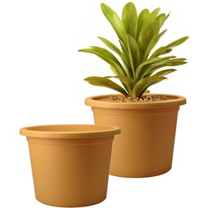 Pro Garden Plantenpot/bloempot Terras Master- 2x - enkelwandig kunststof - okergeel - D23 x H21 cm - Voor buiten