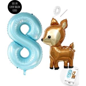 Snoes - Bambi Basis ballon set XXL Cijferballon Baby Blue 8 - Lief Hert + Cijfer Ballon 8 Jaar - Helium Geschikt