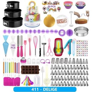 Taart en Cake Decoratie Set - 411 Delige - Taart Bakken Accessoires Set – Taartversiering - Draaiplateau - RVS Spuitmondjes