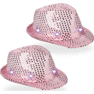 Relaxdays glitter hoed - set van 2 - lichtgevend - met led - pailletten - feest - roze