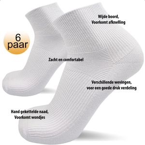Nakkie's - Korte medische sokken - 6 paar - Wit - Maat 39/42 - Zonder elastiek - wijde boord - Diabetes sokken - Quarter sokken - Lage sokken - Korte sokken