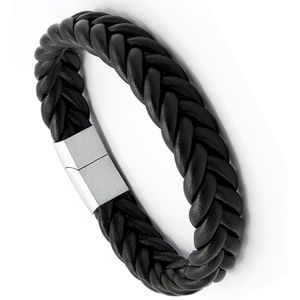 Victorious Gevlochten Leren Armband Heren – RVS Roestvrij Staal Sluiting – Zwart/Zilver – 19.5cm