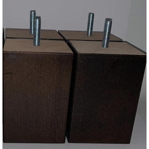 Set van 4 stuks houten meubelpoten Wengé (donker bruin) beuken 10 cm hoogte 7x7 cm M8 draadeinde Boxspring bedden banken