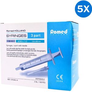 5x Romed 2 ml injectiespuiten met naald 100 stuks Romed - Doorzichtig/wit - Polypropyleen & Latex-vrij rubber - Tweedelige 2ml wegwerpspuit met canule, steriel per stuk verpakt.