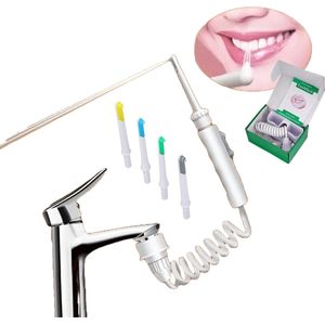 Waterflosser met Kraan Aansluiting – Geen Oplader Nodig – Super Krachtige Waterdruk met Verstelbare Standen – incl. Opbergwandkastje en 4 Opzetstukken - Bevestigen zonder Boren - Flosapparaat - Monddouche - Tongschraper - Water Flosser