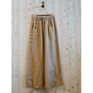 Linnen broek met uitlopende pijpen - decoratieve strepen onder de zijzakken - kleur MODDER BRUIN - maat 42