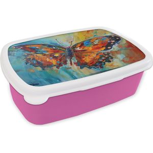 Broodtrommel Roze - Lunchbox Vlinder - Kleuren - Kunst - Schilderij - Brooddoos 18x12x6 cm - Brood lunch box - Broodtrommels voor kinderen en volwassenen