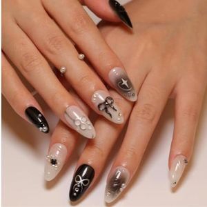 PolkaHome 24 Stuks Zwarte 3D Kunstnagels Met Elegant Design - Complete Set Met Lijm