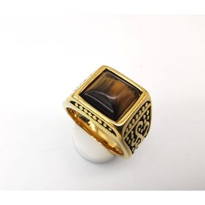RVS Edelsteen Tijgeroog goudkleurig Ring. Maat 18. Vierkant ringen met zwarte/goud patronen aan de zijkant. Beschermsteen. geweldige ring zelf te dragen of iemand cadeau te geven.