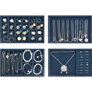 Sieraden Organizer Set met 4 Stuks Sieradenschalen - Sieraden Lade Organizer Set Stapelbaar - Fluwelen Sieradendoos voor Juwelen - Sieradenhouder - Juwelendoos - Juwelenkistje - Juwelenhouder - Sieraden Display - Donkerblauw