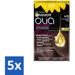 5 x Garnier - Olia 4.15 - Haarkleuring - Kastanje Middenbruin - Zonder Ammoniak - 100% Grijsdekking - Haarkleuring - Kastanje Middenbruin - Permanent Haarverf - Zonder Ammoniak - 100% Grijsdekking