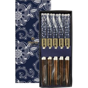 Tokyo Design Studio - Chopsticks Set - Eetstokjes Hout - Inclusief Geschenkdoos - Blue Flowers - 5 paar