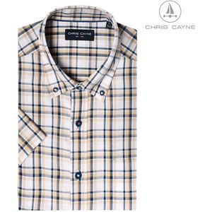 Chris Cayne heren overhemd korte mouw - maat M - met borstzak - kleur Offwhite/zand - ruit dessin - 100 % Katoen - shirt heren - shirt M - borstzak
