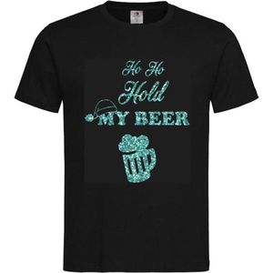 T-shirt Unisex Volwassenen Kerst Kerstmis Bier Man Grappig Tekst ""Ho Ho Hold my beer"" Op Voorkant | korte mouw | Zwart/Jade (groen) GLITTER | maat XXL