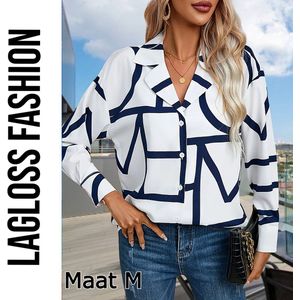 LaGloss® Casual Chique Geometrisch Overhemd Dames met Lange Mouw - Blouse Marineblauw & Wit - Maat S