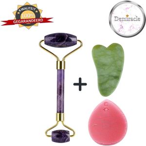 Demiracle Amethist Face Roller met Gua Sha Schraper en Roze Siliconen Gezichtsborstel - Gezichtsroller - Massage Roller - Jade Roller - Rimpelverwijdering - Ontspanning