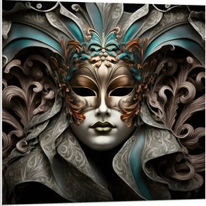 PVC Schuimplaat - Wit Venetiaanse carnavals Masker met Blauwe en Gouden Details tegen Zwarte Achtergrond - 80x80 cm Foto op PVC Schuimplaat (Met Ophangsysteem)