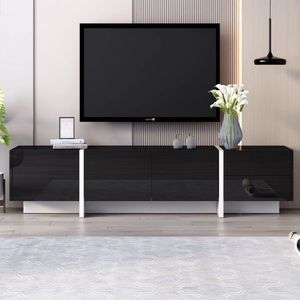 TV-meubel, laag paneel met colourblocking poten in hoogglans zwart en wit, met deuren en laden, deuren met planken. Eenvoudig lijnontwerp.