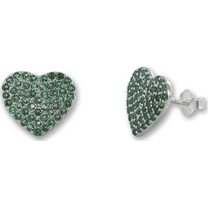 Silventi 9SIL-22131 Zilveren Oorknopjes - Dames - Hartje - 11 x 12 mm - Zirkonia - Groen - Rhodium - Zilver