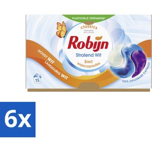 6 x Robijn - 3-in-1 Stralend Wit - Wascapsules - 15 Wasbeurten - Witte Was - Wascapsules - Wasmiddel - Vlekken Verwijderen - Frisse Geur