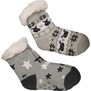 Unisex - Huissokken - Antislip - Gevoerd - Set van 2 paar - Huissokken - Warme wintersokken - Kleur Lichtgrijs/Grijs - Maat 28 t/m 31 - Kerst - Cadeau