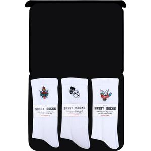 Sassy Socks - Vintage Tattoo Style 3pack - Sportsokken - Wit - Organisch Katoen - Heren en Dames - Maat 41-46