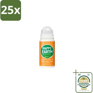 25 x Happy Earth – Deodorant Roll-On – 100% Natuurlijk Rose Petitgrain – 75 ml - Grootverpakking - 100% Natuurlijk Deodorant - Roll-on Deodorant - Bloemige Geur - Frisse Geur - Anti-irritatie
