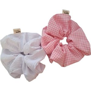 Scrunchie XL - 2 stuks - Haaraccessoire - Haarelastiek - Handgemaakt - Cadeau voor Vrouwen - Haarwokkel - Musthave - roze en wit