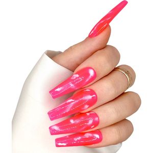 SD Press on Nails - B-224 - Plaknagels met nagellijm - XL Coffin -Roze marble - Set 20 Nagels - Cosplay - Nepnagels - Valse Nagels - Extreem lange nageltips - Nail Art - Handgemaakt - Roze nagels - Accessoires