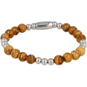 *Elastische zilverkleurige kralenarmband met Picture Jasper edelstenen - Luxe zilverkleurige armband door combinatie van Picture Jasper edelstenen met edelstalen balletjes - Met luxe cadeauverpakking