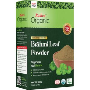 Radico ORGANIC BRAHMI 100% Natuurlijke BIO Organic Vegan Haargroei, Anti- Haaruitval, Anti- Roos, Care, Volume, Kalmerende, Voedende, VERSTERKENDE Poeder Haarmasker 2 in 1 met ECOCERT 100g