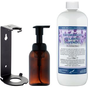 Zeepdispenser 300 ml amber bruin hervulbaar + 1 liter Showergel Relaxing Lavendel navulling (inclusief beugel)