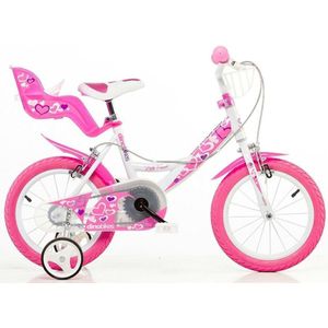 Dino Little Heart - Kinderfiets 14 Inch - van 3-5 Jaar - met Zijwieltjes - Meisjesfiets Wit