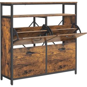 Schoenenkast voor hal met 4 kanteldeuren | Smalle schoenenopslag voor 12-20 paar schoenen | Rustiek bruin en zwart | 98,3 x 30 x 95 cm