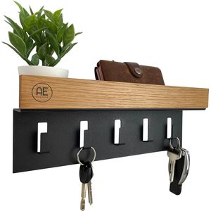 Sleutelrek hout - sleutelhouder zwart staal - sleutelbord eiken - sleutelorganizer met legplank - sleutelhanger - sleutelkast - wandorganizer - sleutellijst - sleutellijst