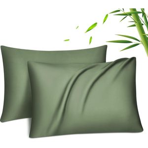 Lyocell Bamboe Kussenhoes Bamboevezel Kussensloop Zijdezacht Verkoelend Ademend met Verborgen Rits Bamboe Groen 40 x 80 cm Set van 2