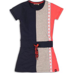 DJ Dutchjeans Meisjes Jurk - Navy + grey melee + neon pink - Maat 140