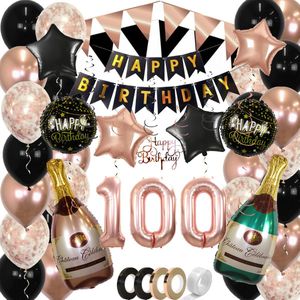 100 Jaar Feest Verjaardag Versiering Confetti Helium Ballonnen Slingers Happy Birthday Rose Goud & Zwart XL SET – 60 St.