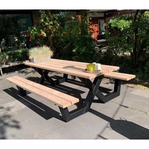 Picknicktafel met stalen X frame| Douglas hout| robuuste tuintafel| industrieel | 250 cm| tuintafels| Lariks hout| industriele picknicktafel| stalen X poten frame