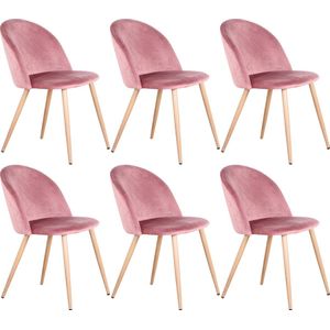 Wildor® Set van 6 stoelen met fluwelen bekleding - Metalen stoelpoten - Luxe eetkamerstoelen - Woonkamerstoelen - Roze fluweel - Zithoogte 43cm