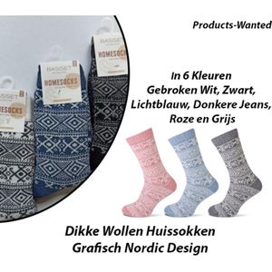 3-Paar Dikke Wollen Huissokken Grafisch Nordic Design in Lichtblauw, Grijs en Zwart 35-38