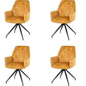 Nuvolix velvet eetkamerstoelen met armleuning set van 4 ""Madrid"" - stoel met armleuningen - eetkamerstoel - velvet stoel - cognac